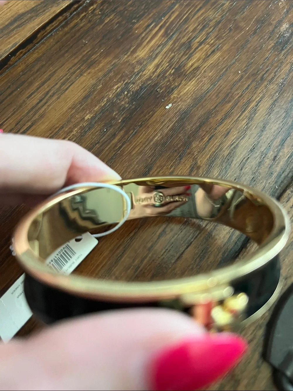 Tory Burch Black and Gold Logo Hinged Bangle